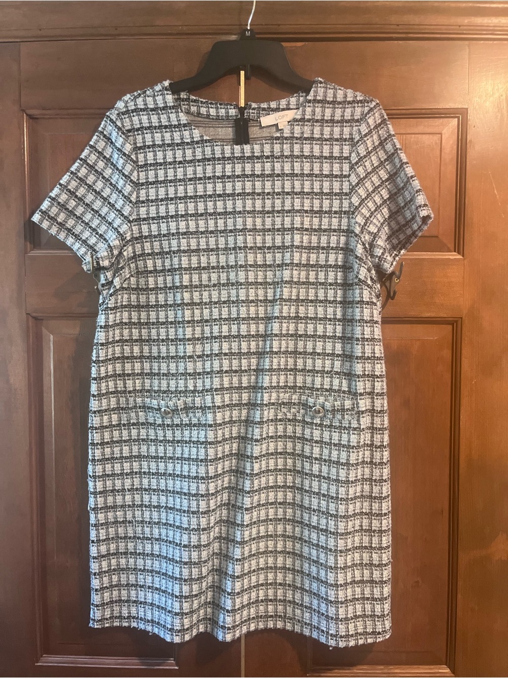 LOFT Light Blue and White Plaid Tweed Shift Dress